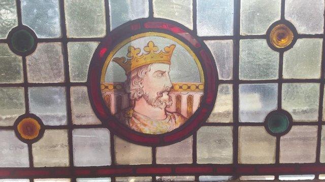 Image 1 of 'THE KING' Victorian/Edwardian Stained Glass Window Panel