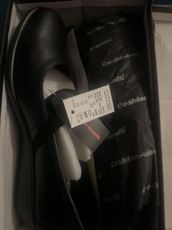 Image 1 of NIB tagged black wedge heeled shoe with Mary Jane elastic