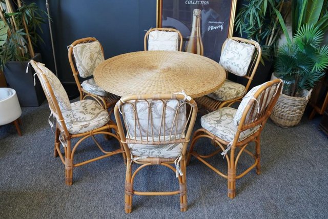 Image 6 of Mid C Wicker Dining Table & 6 'Peacock' Style Chairs 1970s