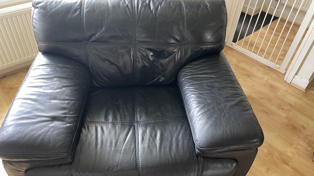 Image 3 of Black Leather DFS 3 seater, cuddle chair and pouffe - excell
