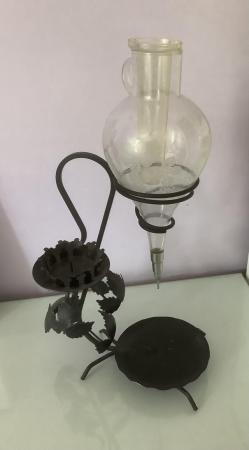 Image 1 of Rare Vintage Wrought Iron Etched Glass Wine Dispenser