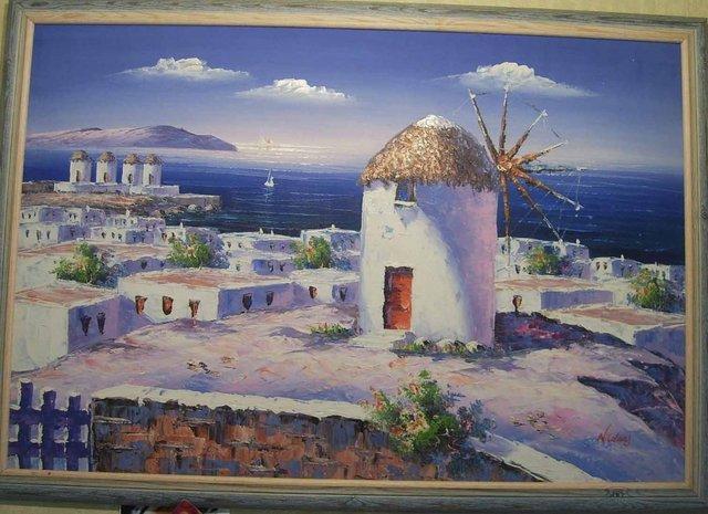 Preview of the first image of GREECE WINDMILL OIL ON CANVAS WITH FRAME ART PAINTING.
