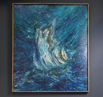 Image 3 of Abstract Art Sailing Vessel Choppy Seas M. Buttery 1967