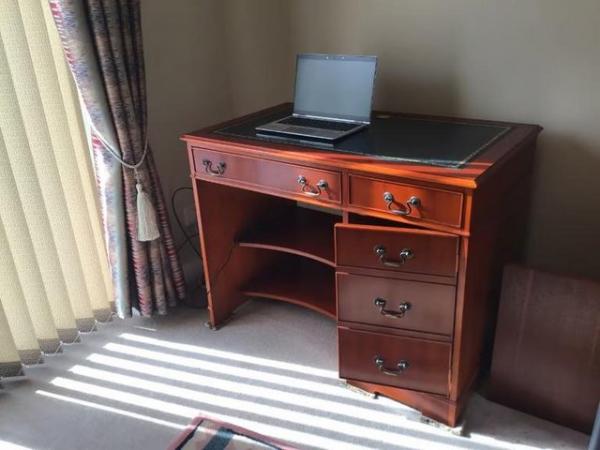 Image 1 of Yew veneer desk with blue leather inlay
