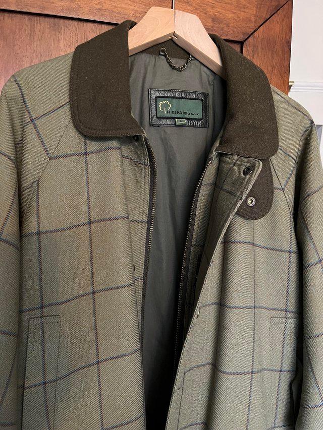 Preview of the first image of Men’s ‘hidepark’ wool jacket with leather trim.