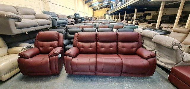 Image 9 of La-z-boy El Paso red leather manual sofa, chair and puffee