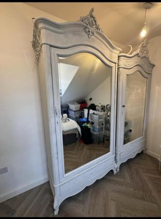Image 1 of CARVED ANTIQUE FRENCH PAINTED MIRRORED WARDROBES   Price is
