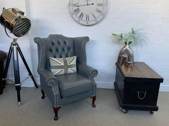 Preview of the first image of Grey Queen Anne Chesterfield armchair. Sofa available..