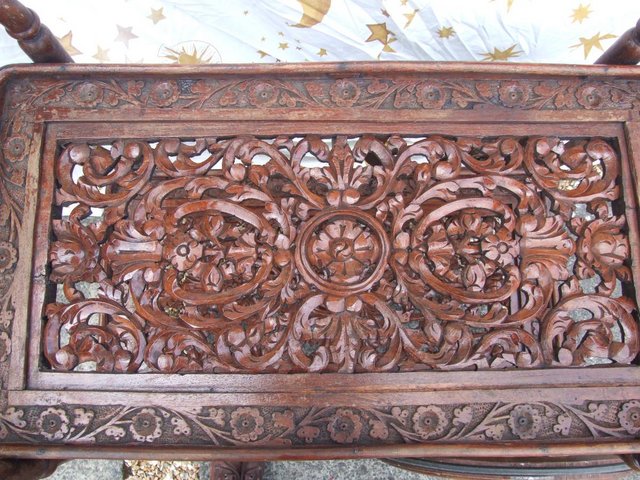 Antique tea trolley, Edwardian with nice carved trays. — photo 2 of 3