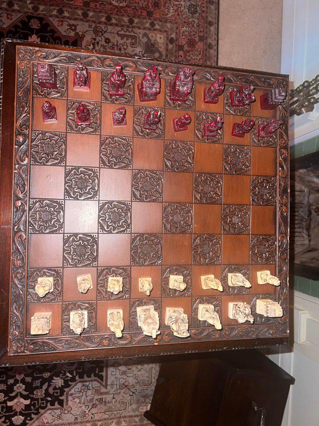 Preview of the first image of Brekely Chineses Themed Chess set , Vintage Resin Woodeffect.