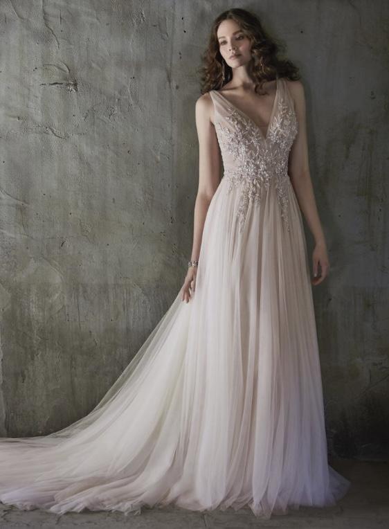 Preview of the first image of Meletta by Maggie Sottero; romantic A line wedding dress.