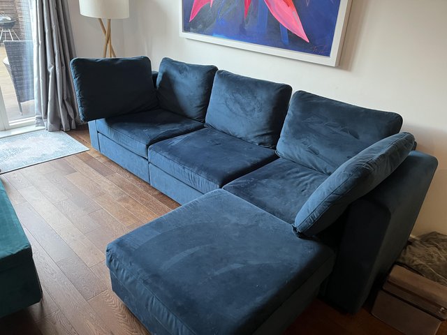 Preview of the first image of Four seater plush velvet blue sofa.