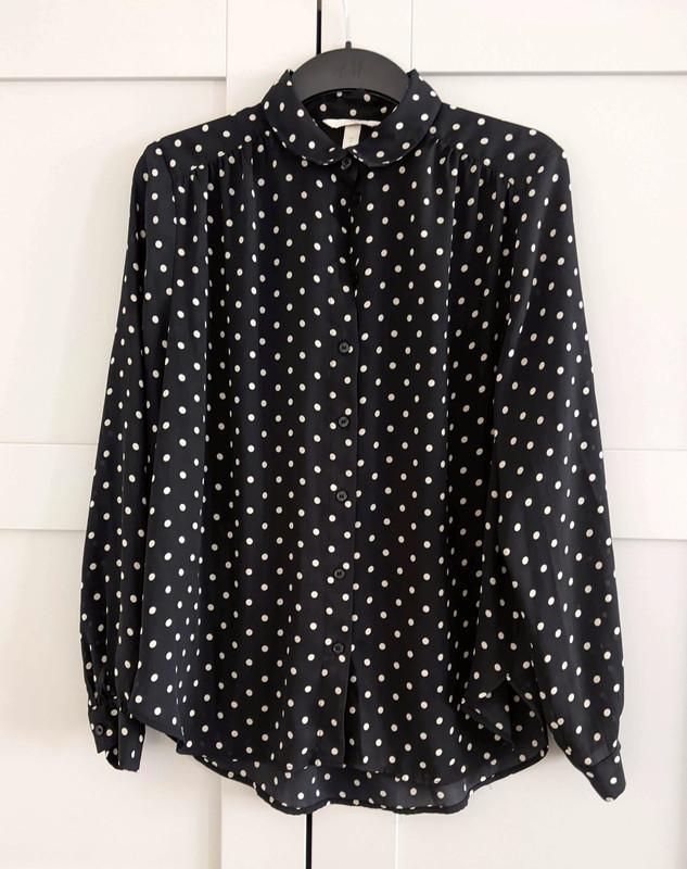 Preview of the first image of H&M Polka Dot Blouse Medium Navy White Long Sleeved Collared.