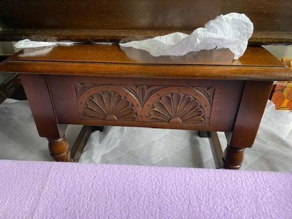 Image 1 of small solid polished oak carved lamp table, foot stool