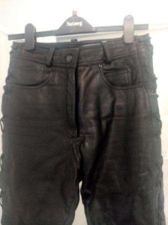Image 2 of Ladies leather laced side motorcycle jeans, black.