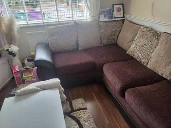 Image 1 of Right hand corner sofa and leather arm chair