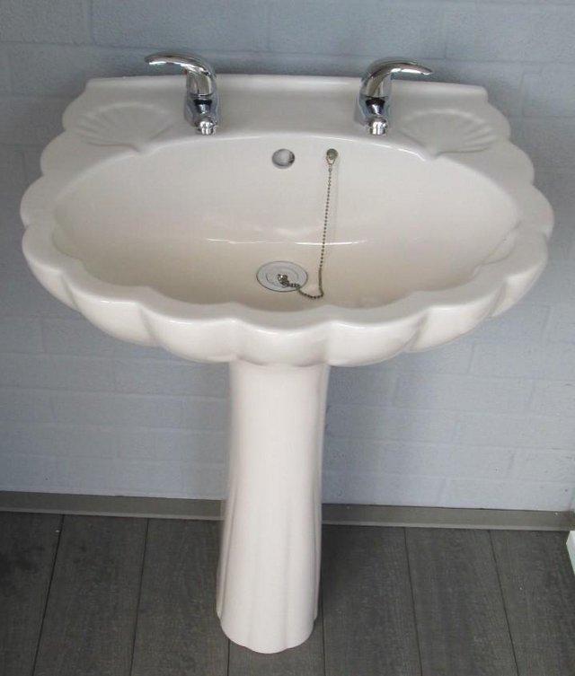 Preview of the first image of BATHROOM 2 PIECE SET, WASH BASIN WITH TAPS & CISTERN, CREAM,.