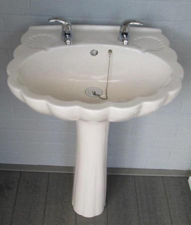 Image 1 of BATHROOM 2 PIECE SET, WASH BASIN WITH TAPS & CISTERN, CREAM,