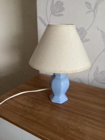 Image 1 of Bedside Light. Pale blue base, cream shade.
