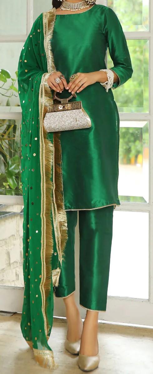 Preview of the first image of Raw silk suit with Kameez, Trousers and Dupatta.
