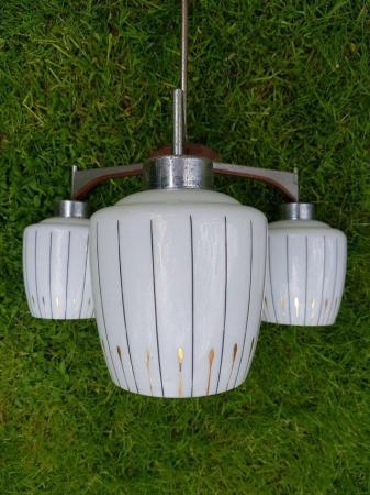 Image 3 of vintage mid century pair chrome teak & glass pendant lights