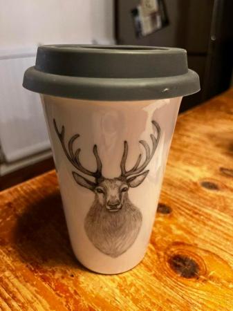 Image 2 of Ceramic stag hot drinks mug - white and grey