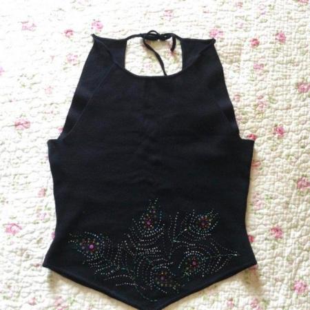 Image 1 of Sz 14 NEXT Silk Mix High Neck Beaded Black Strappy Knit Top