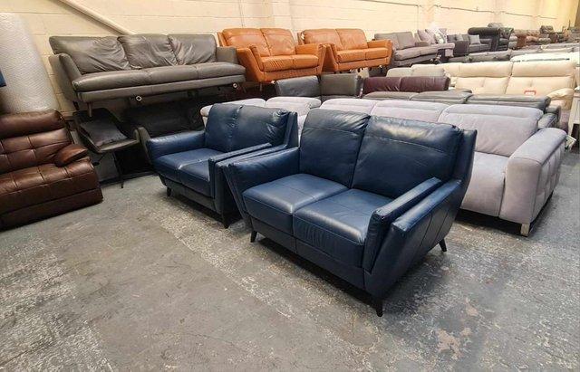 Image 10 of New Fellini blue leather pair of 2 seater sofas