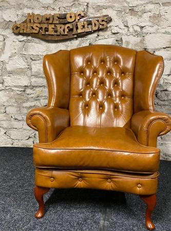 Image 6 of Queen Anne Wingbacked Armchair Tan Leather