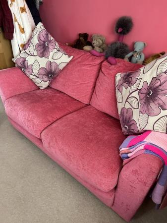 Image 1 of Harvey’s pink velour 2 seater sofa excellent condition