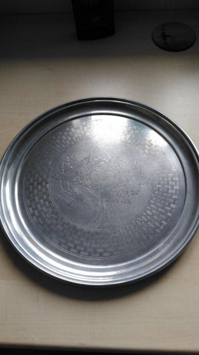 Preview of the first image of VINTAGE SWAN BRAND SILVER COLOURED METAL TRAY.