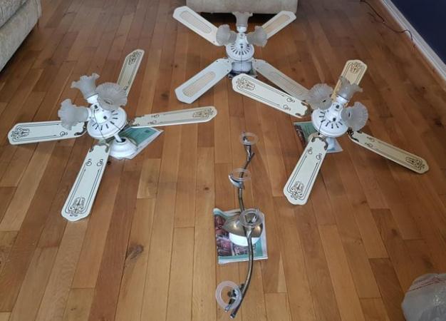 Image 1 of Three ceiling fans with lights and one metal ceiling light