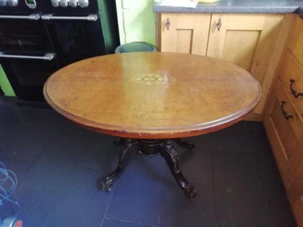 Image 2 of Reduced VICTORIAN OVAL INLAID WALNUT TILT TABLE£23