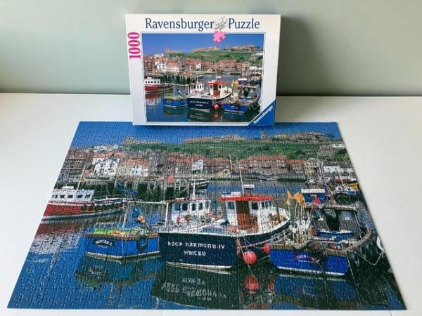 Image 3 of Ravensburger 1000 piece jigsaw titled Whitby Abbey & Harbour