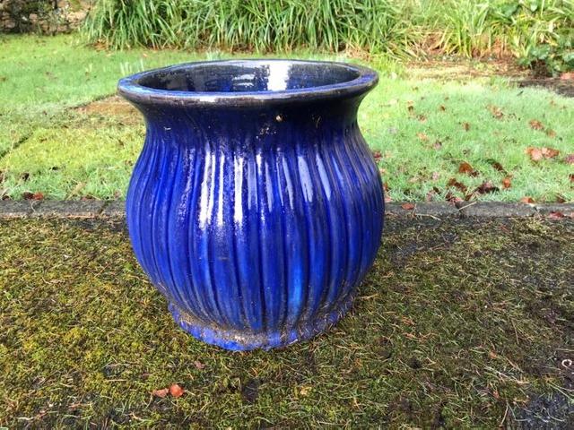 Preview of the first image of Blue glazed ceramic garden planter.