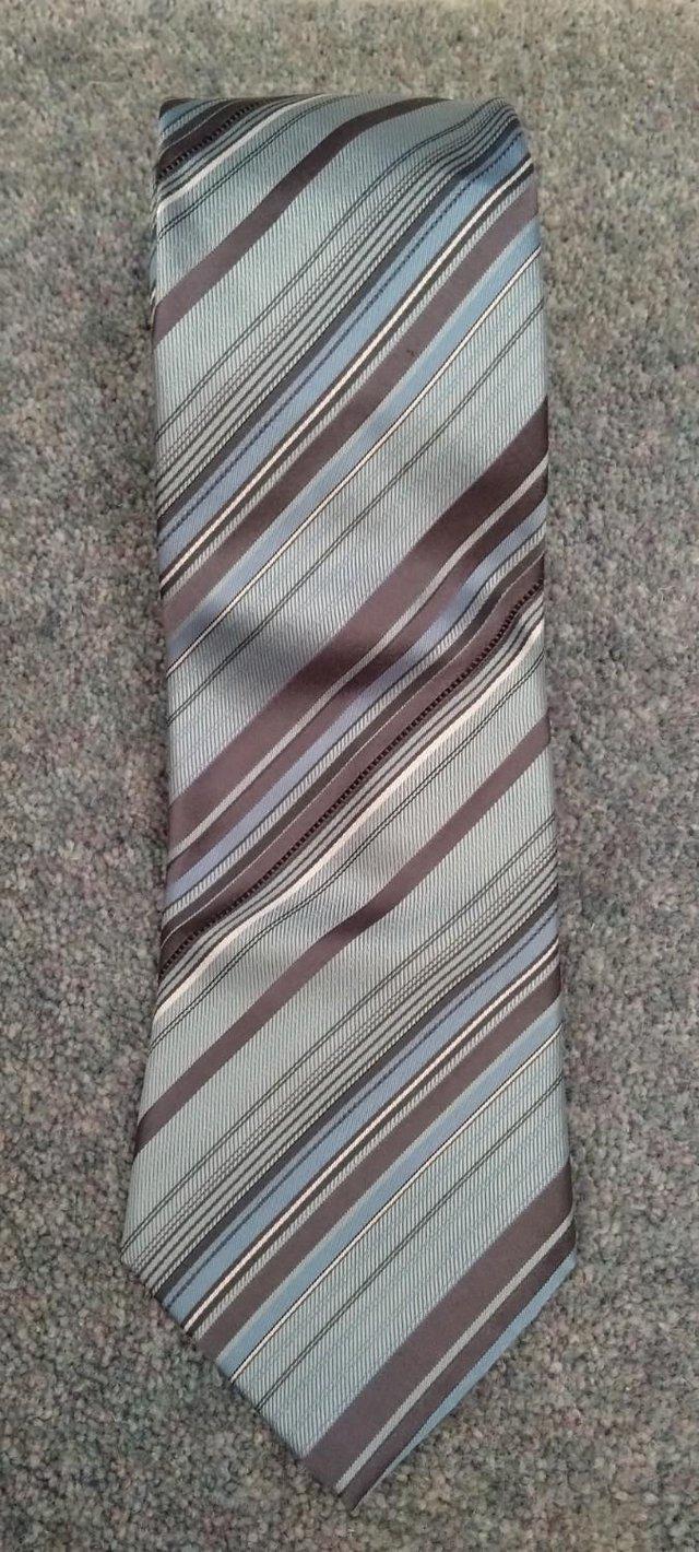 Preview of the first image of Marks and Spencer Autograph silk teal mix striped tie.