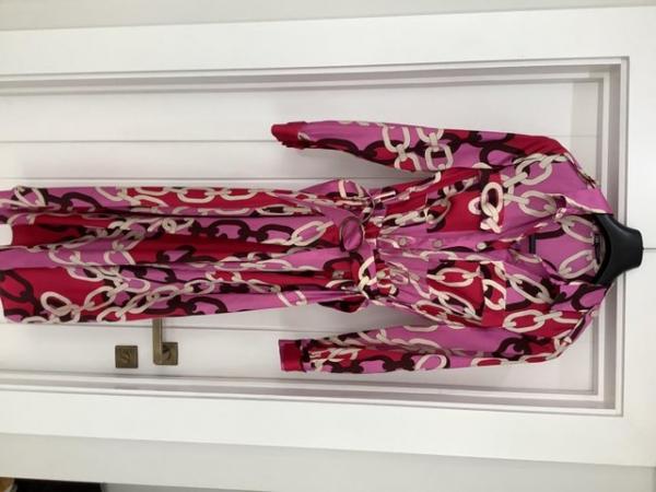 Image 1 of Pink red and cream chain detail silk long dress size 12 zara
