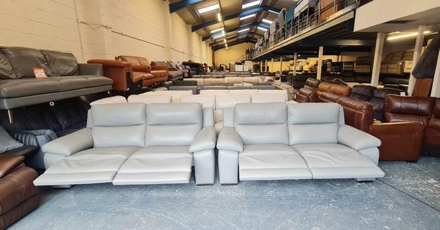 Image 2 of Italian Moreno grey leather electric pair of 3 seater sofas