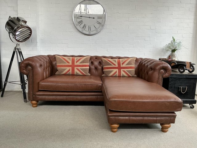 Saddle tan leather chaise loungue chesterfield sofa. Deliver