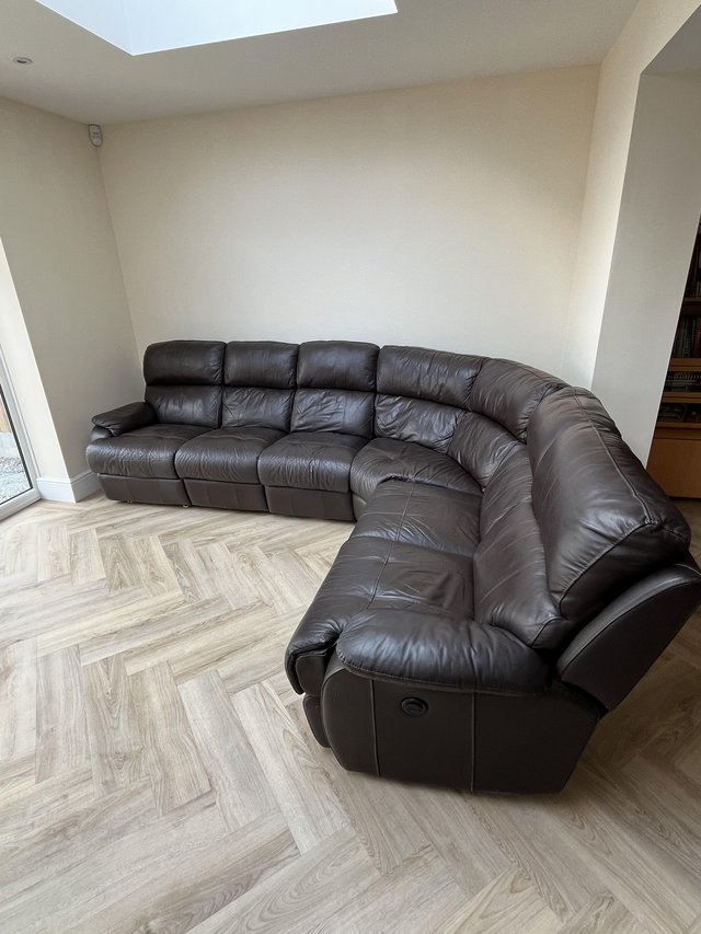 Large Walnut brown leather curved corner sofa — photo 3 of 3