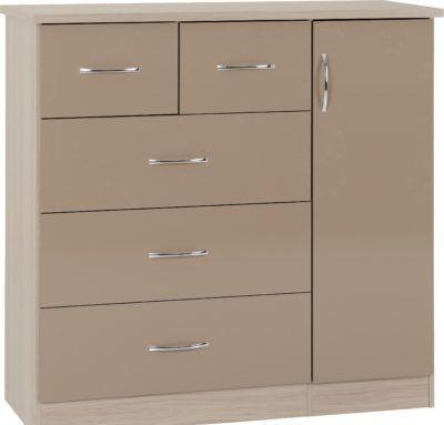 Preview of the first image of NEVADA 5 DRAWER LOW WARDROBE IN OYSTER GLOSS/LIGHT OAK.