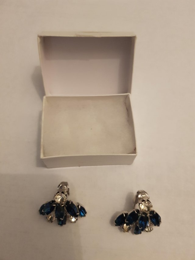 Preview of the first image of Clear and blue rhinestone latch-backed earrings x 1.