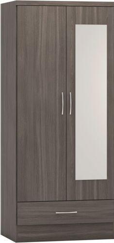 Preview of the first image of NEVADA 2 DOOR 1 DRAWER MIRRORED WARDROBE IN BLACK WOOD GRAIN.