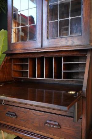 Image 2 of Edwardian Oak Bureau Display Cabinet Bookcase Barley Twist
