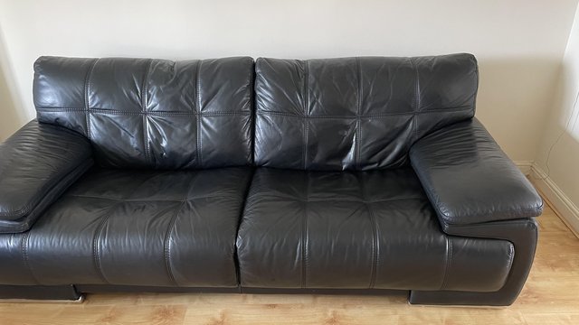 Image 2 of Black Leather DFS 3 seater, cuddle chair and pouffe - excell