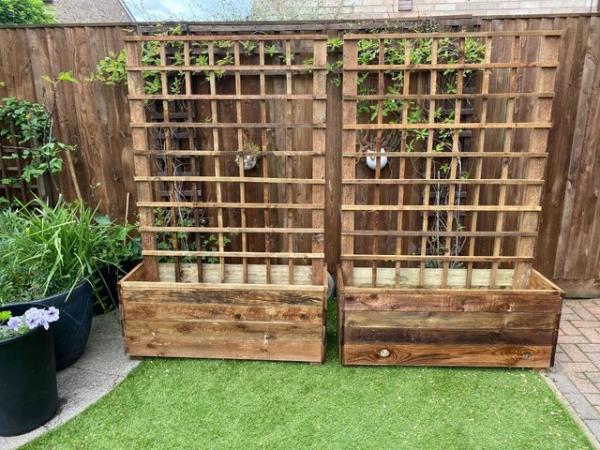 Image 3 of Pair of Rustic Treated Garden Planters with 6 foot Trellis