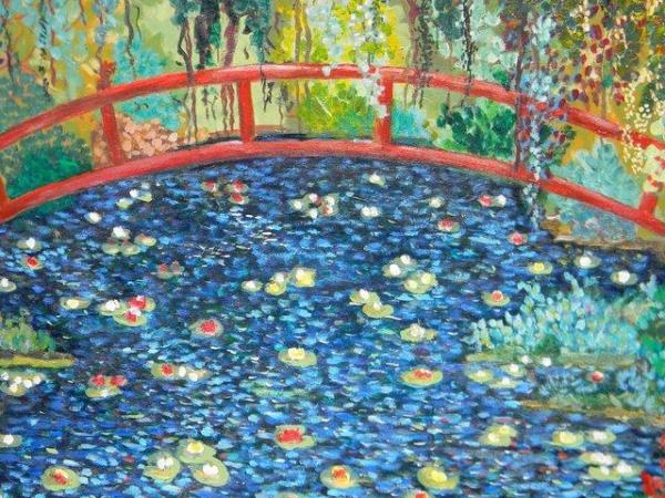 Image 2 of THE LILLY POND & RED BRIDGE MIXED MEDIUM OILACRYLICART