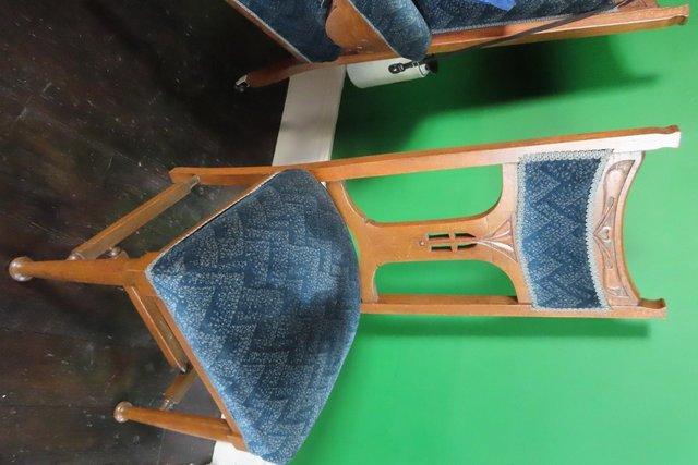 Preview of the first image of 1930's dining chairs, upholstered, oak carved, high backed.