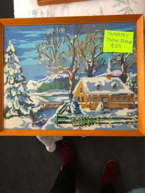 Preview of the first image of Framed Snow scene tapestry picture.