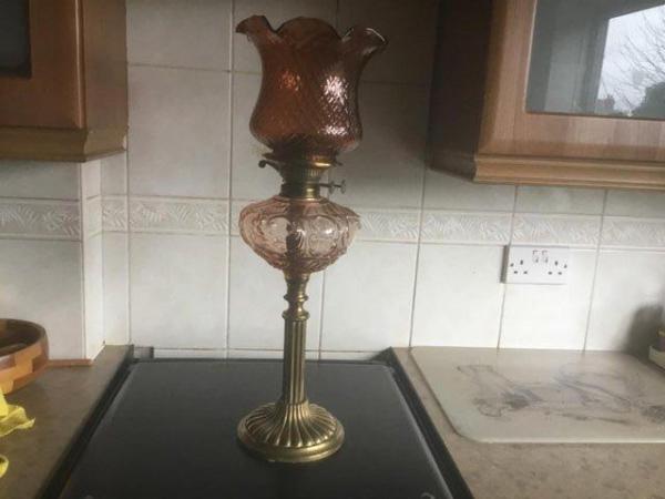 Image 1 of Vintage Glass & brass paraffin lamps
